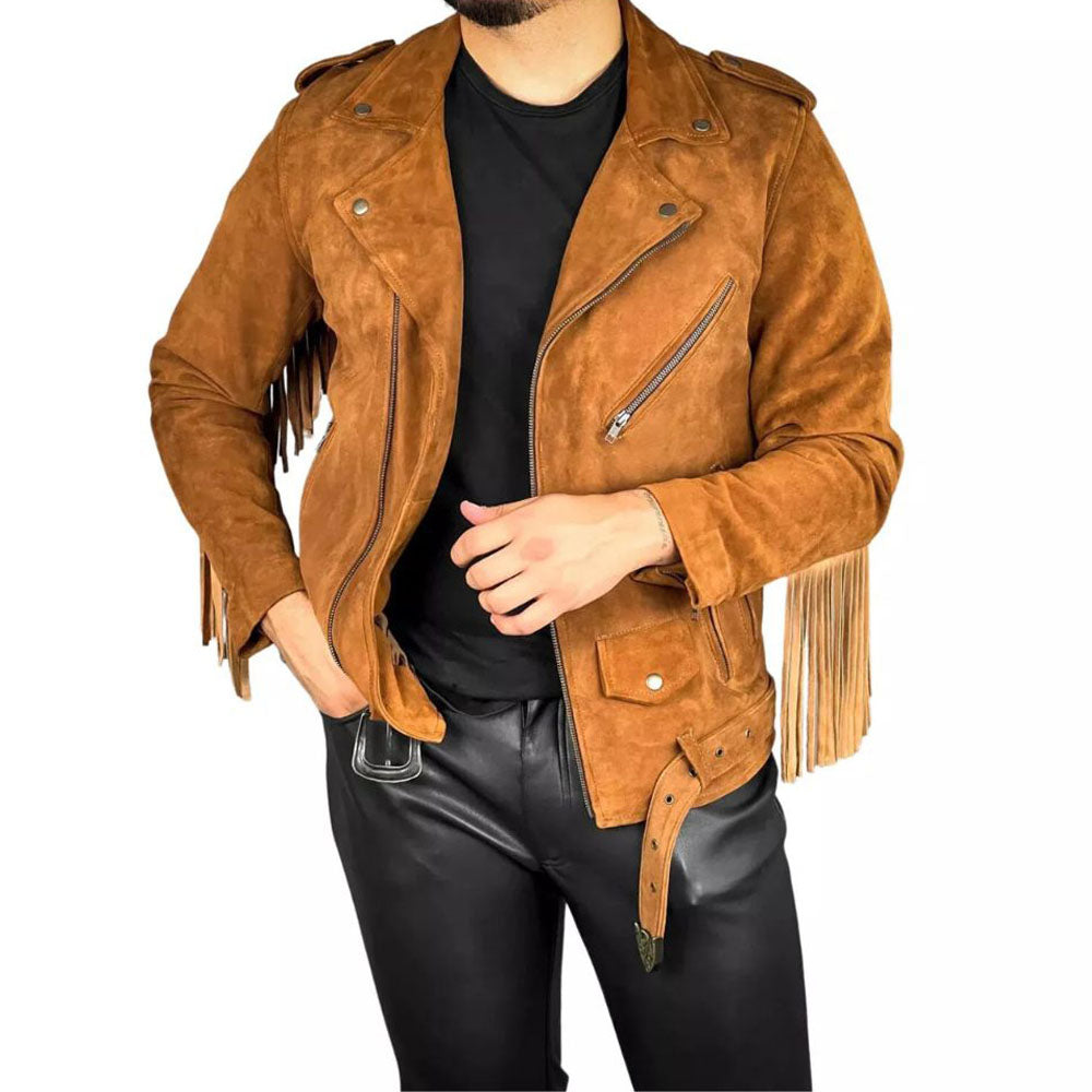 Men’s Brown Western Leather Jacket with Fringe & Motorbike Style