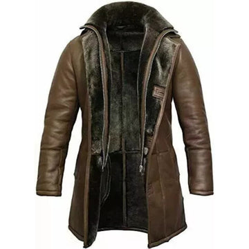 Men’s Dark Brown Cowhide Leather Jacket with Faux Fur Work