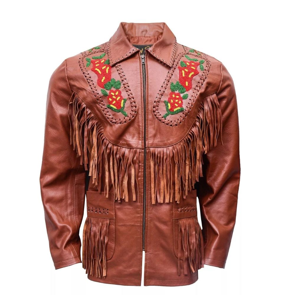 Men’s Dark Brown Western Leather Jacket with Fringe & Beaded Work