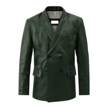 Men’s Dark Green Cowhide Leather Blazer Jacket – Six Button Style