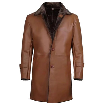 Men’s Tan Brown Cowhide Leather Jacket with 4-Button Closure & Faux Fur