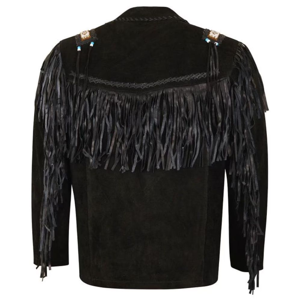 Men’s Western American Black Suede Jacket Fringe & Beaded Vintage Design