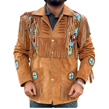 Men’s Western American Suede Leather Jacket with Fringes, Eagle Beaded Bone Design