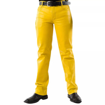 Men’s Yellow Western American Style Cowhide Leather Pants