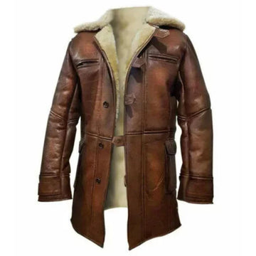 Men's American Dark Knight Brown Fur Shearling Overcoat Cowhide Leather Jacket