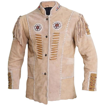 Men's Beige Western Suede Leather Cowboy Jacket with Fringe and Beadwork