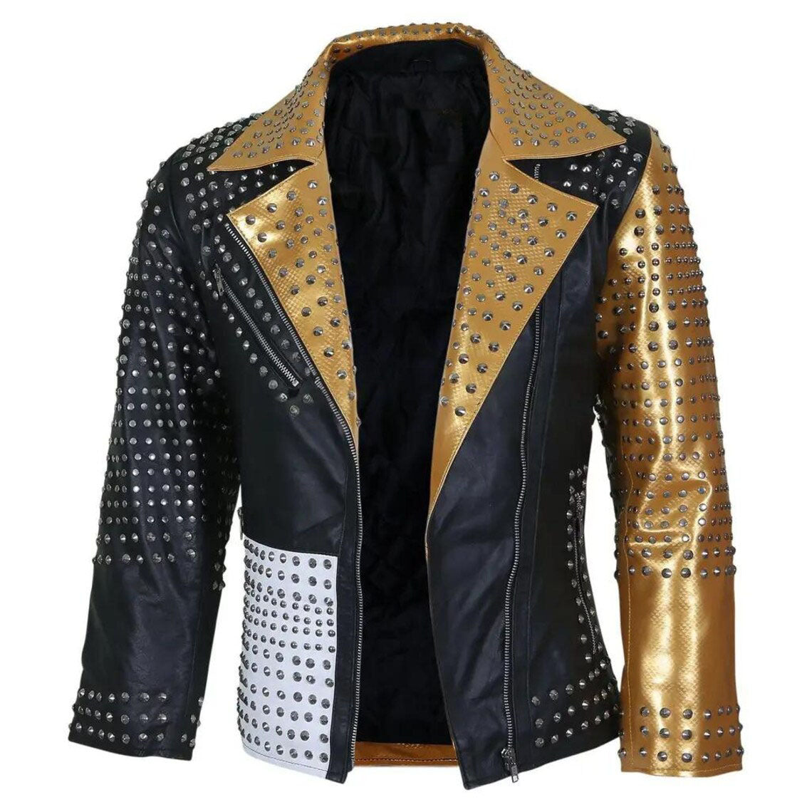 Men's Black & Gold Studded Cowhide Leather Biker Jacket – Gothic Multicolor