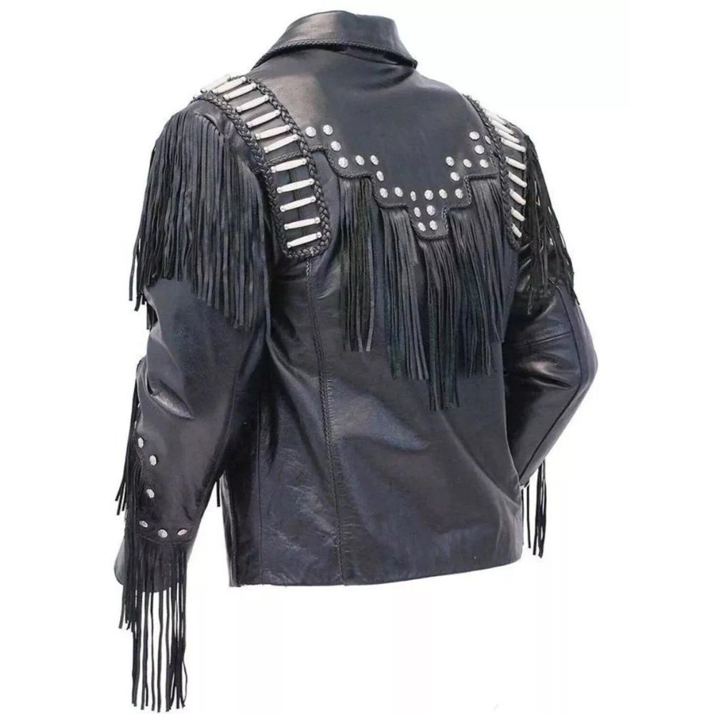 Men's Black Western Cowhide Leather Jacket with Fringe, Bone & Studded Work