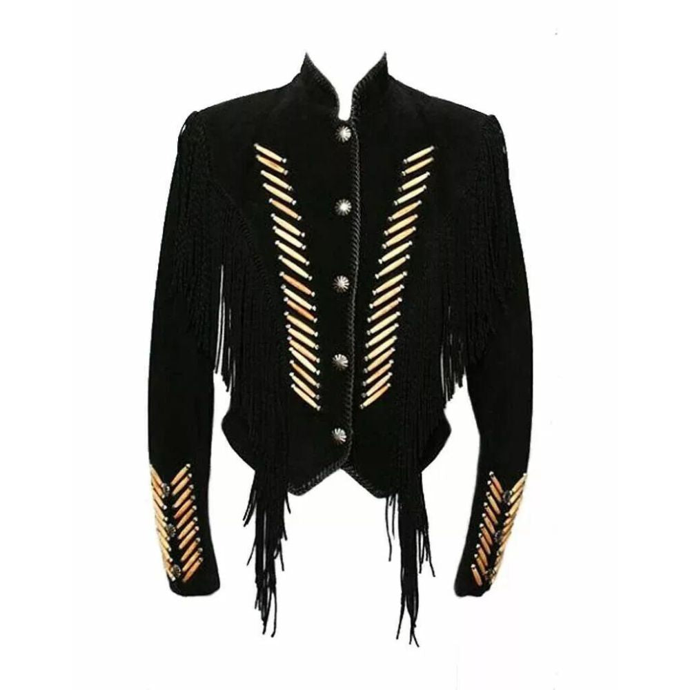 Men's Black Western Leather Jacket with Brown Bone & Fringe Work