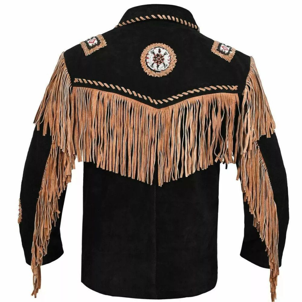 Men's Black Western Leather Jacket with Fringe, Beaded & Bone Detailing