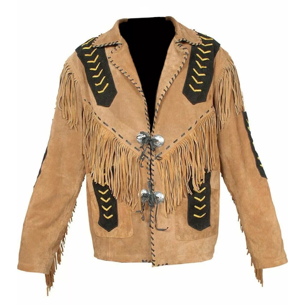 Men's Brown American Western Suede Leather Jacket with Fringe Work