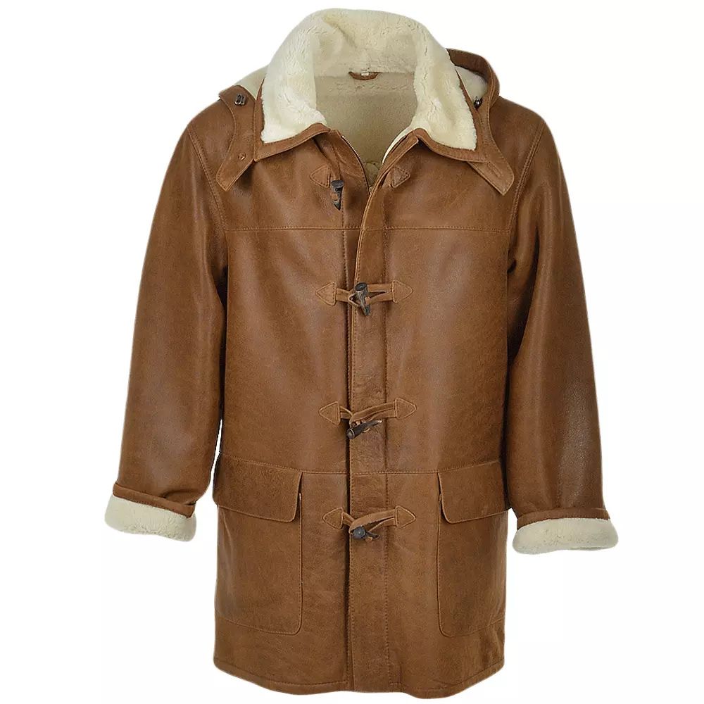 Men's Brown Cowhide Leather Jacket with Hood and Two Pockets