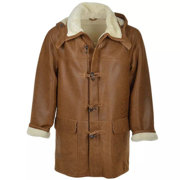 Men's Brown Cowhide Leather Jacket with Hood and Two Pockets