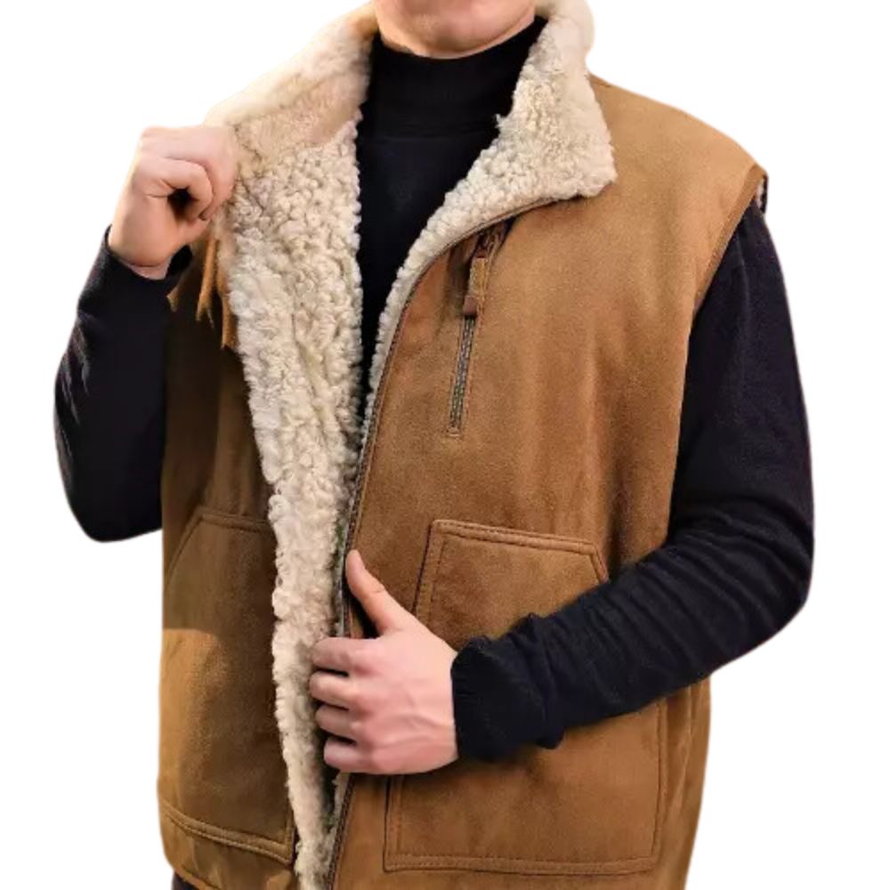 Men's Brown Suede Leather Vest Jacket with Faux Fur Trim