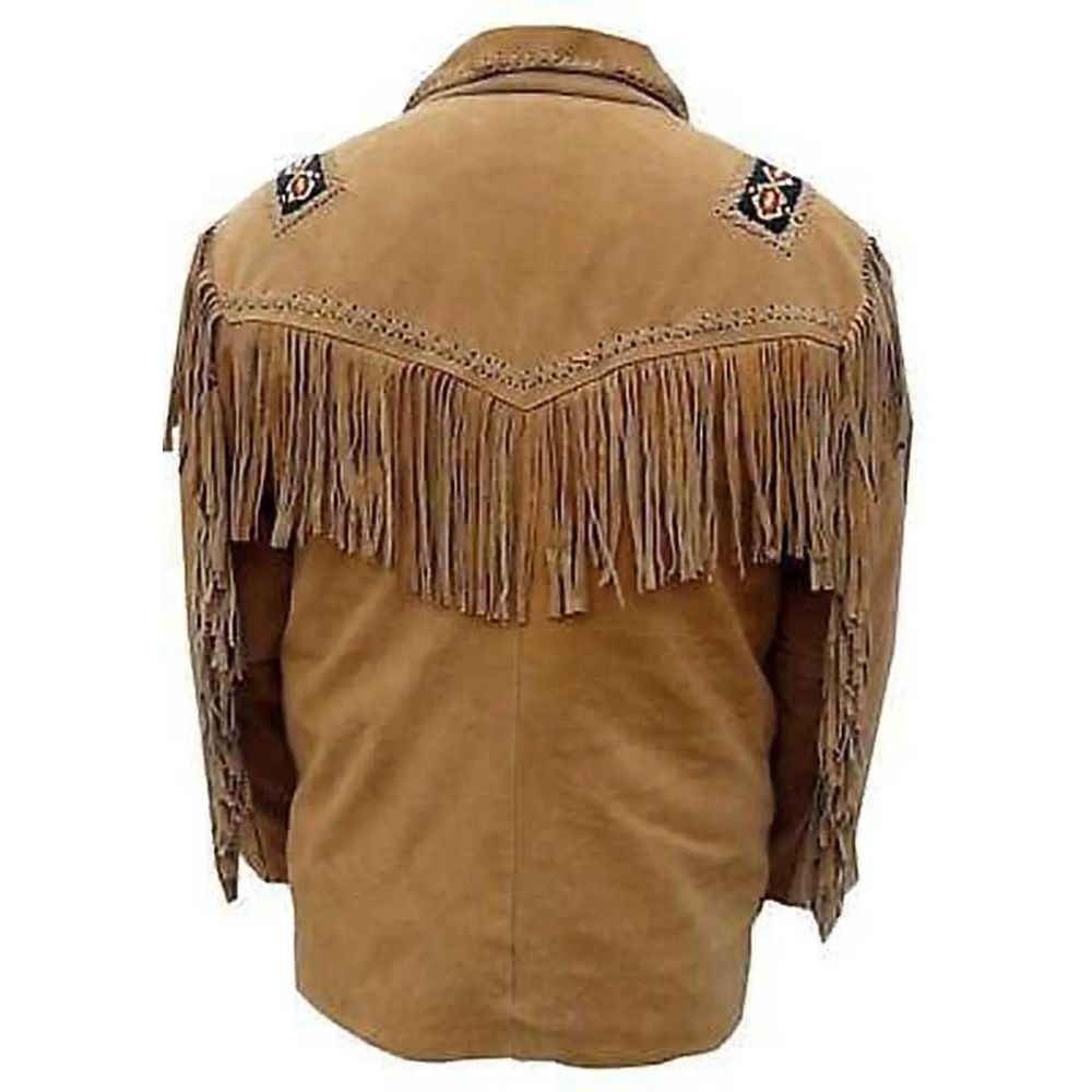 Men's Brown Suede Leather Western Jacket and Fringe Beaded Bone Work