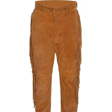 Men's Brown Western American Suede Leather Pant with Fringe Work