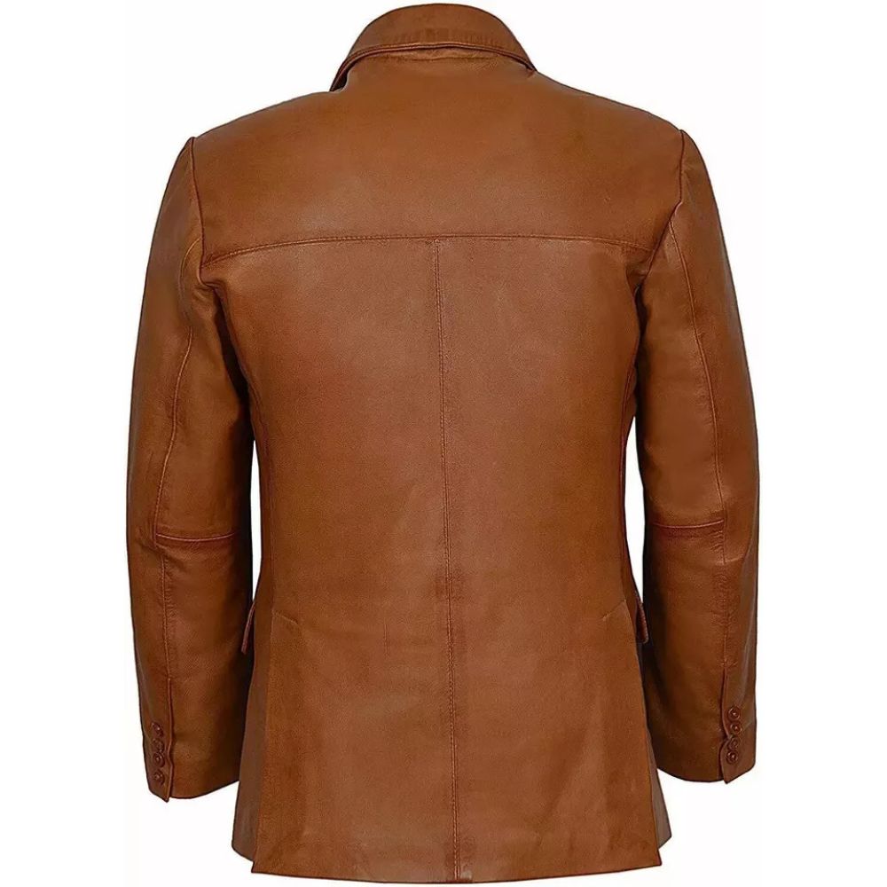 Men's Brown Western Cowhide Leather Blazer Jacket With Three Pockets