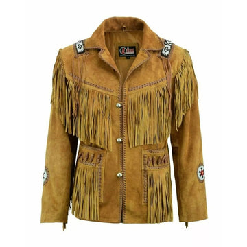 Men's Brown Western Leather Jacket with Fringe and Beaded Bone