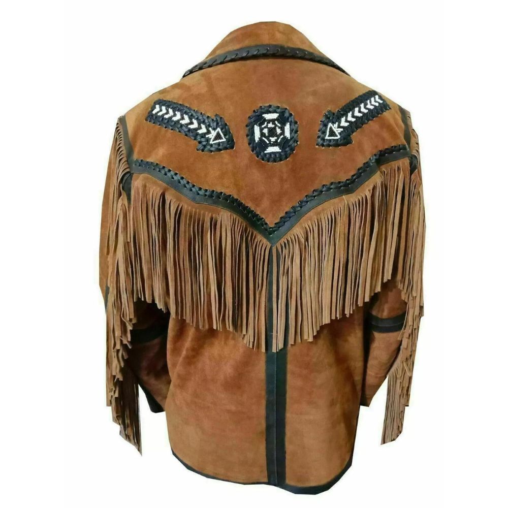 Men's Brown Western Leather Jacket with Fringe and Beaded Work