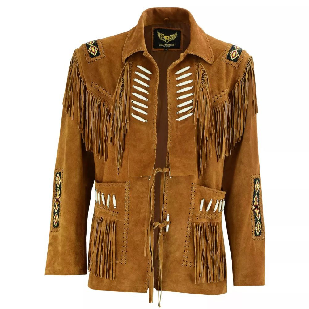 Men's Brown Western Leather Jacket with Fringe & Bone Work