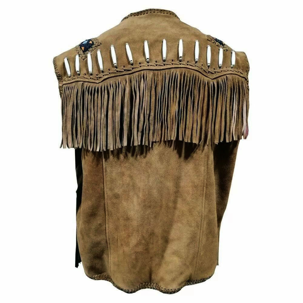 Men's Brown Western Leather Vest Jacket with Fringe, Beaded, and Bone Work