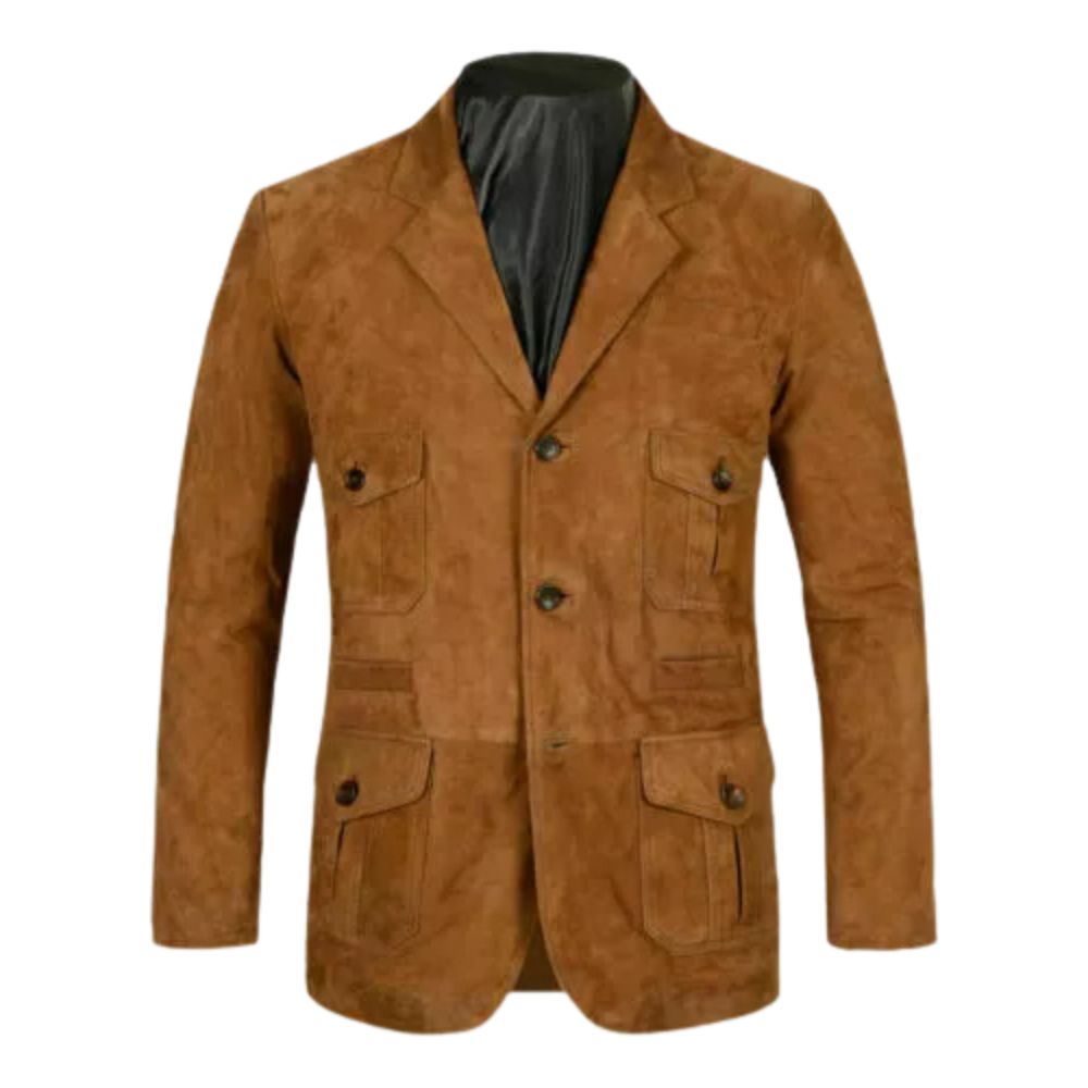 Men's Brown Western Suede Blazer Coat Jacket with Six Pockets