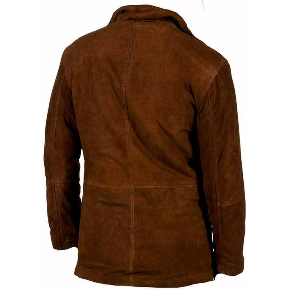 Men's Brown Western Suede Leather Overcoat Jacket with Fur Collar