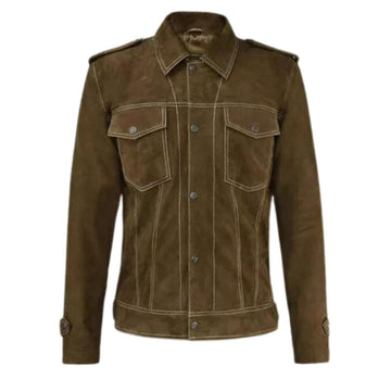 Men's Brown Western Suede Leather Shirt Jacket - Two Pockets