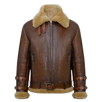 Men's Dark Brown RAF B3 Bomber Aviator Flying Pilot Fur Leather Jacket Coat