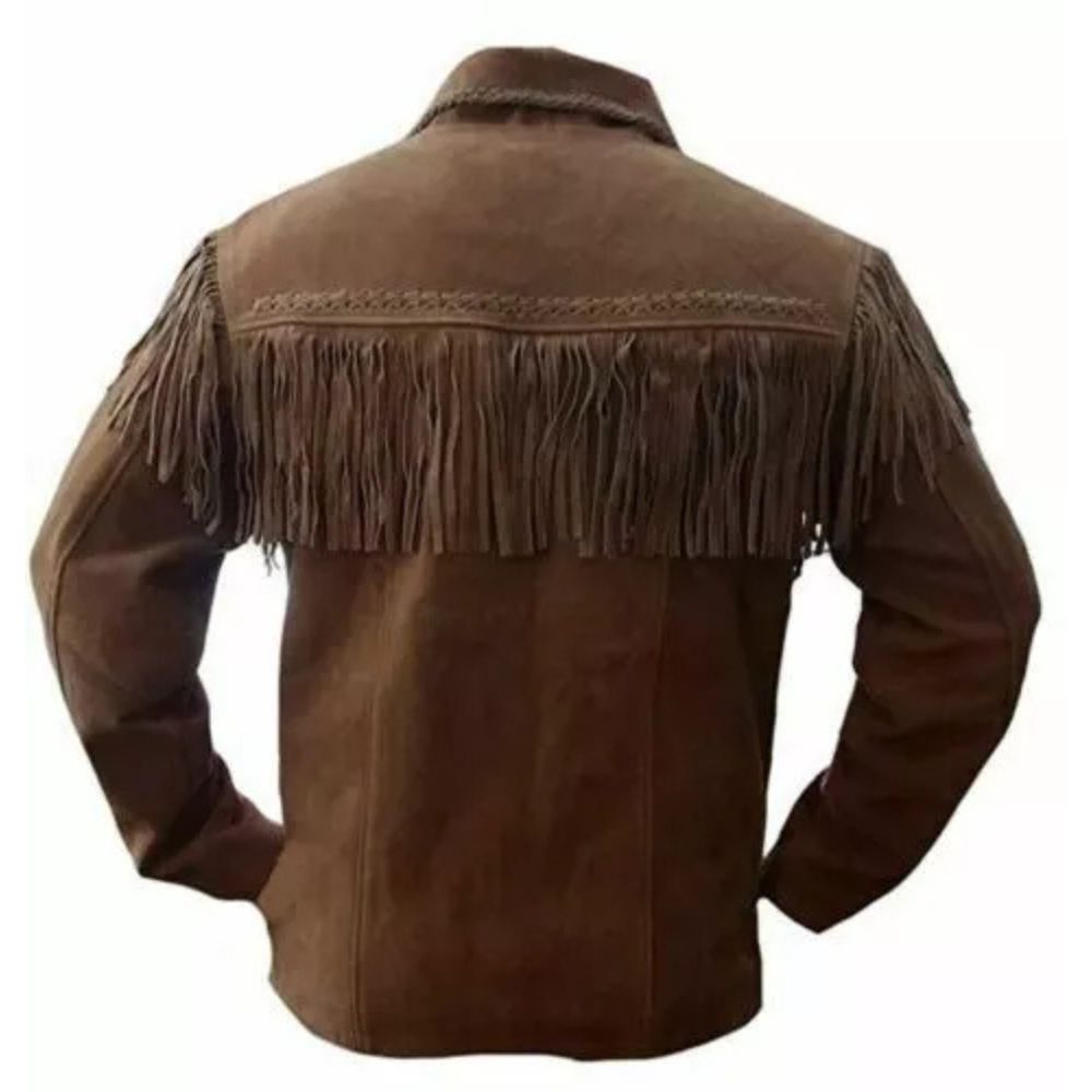 Men's Dark Brown Western Suede Leather Jacket with Fringe