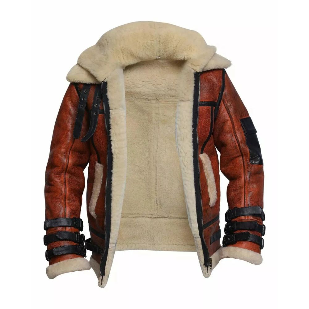 Men's RAF B3 Aviator Double Collar Shearling Sheepskin Bomber Leather Jacket