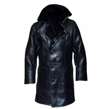 Men's RAF Bomber Long Coat with Shearling Fur - Black Real Leather Overcoat