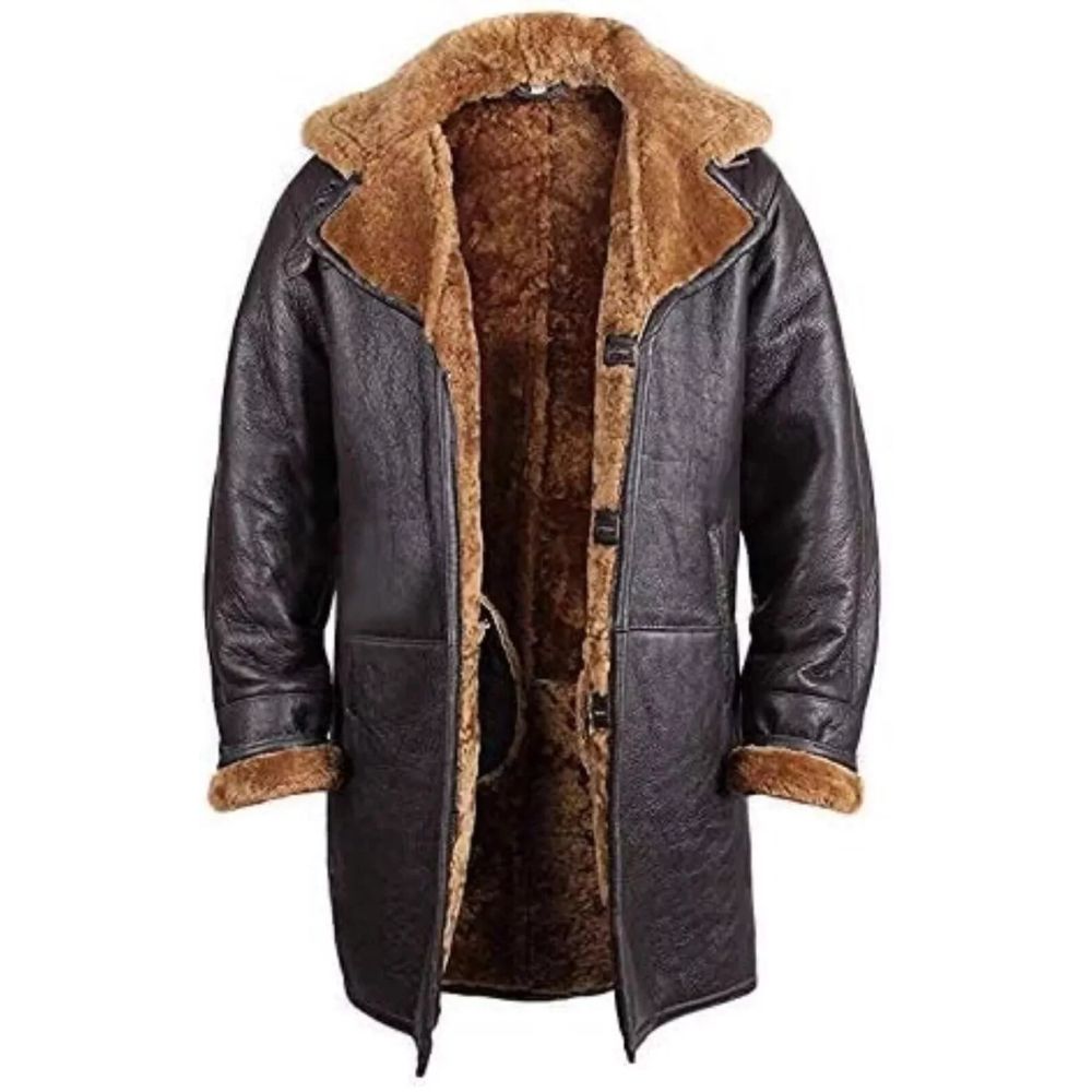 Men's Real Shearling Black Sheepskin Leather Warm Duffle Trench Long Coat Jacket