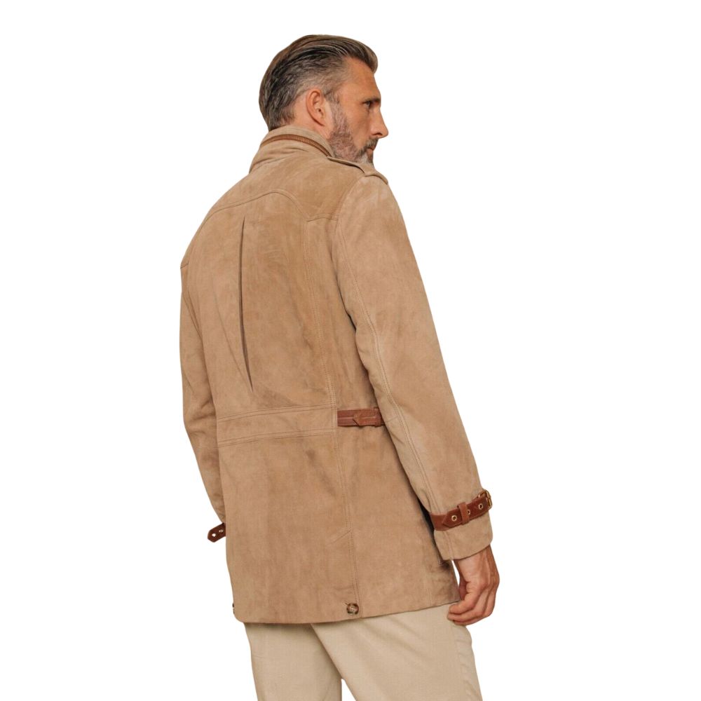 Men's Tan Suede Safari Style Leather Jacket with Button Closure & Buckle Straps