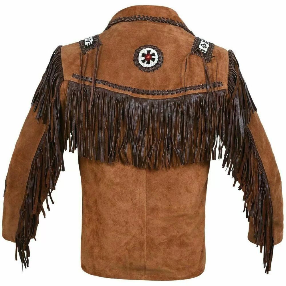 Men’s Brown Western Suede Leather Jacket with Fringe and Beadwork