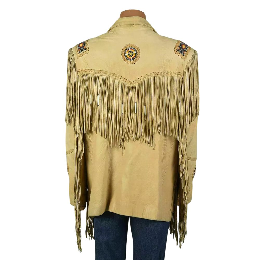 Women’s Beige Western Cowhide Leather Jacket with Fringe & Beaded Work