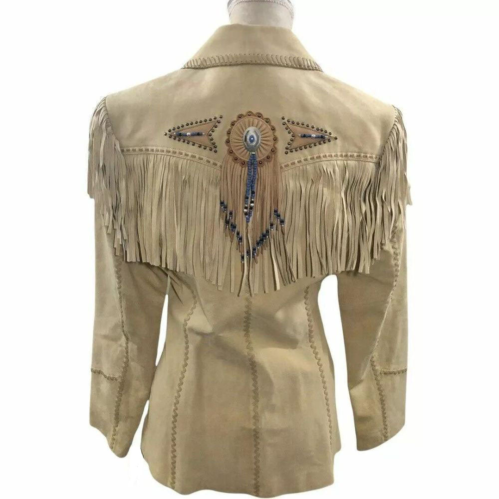 Women’s Beige Western Leather Jacket with Fringe and Beaded Work