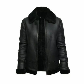 Women's B3 RAF Bomber Black Aviator Faux Fur Real Leather Jacket