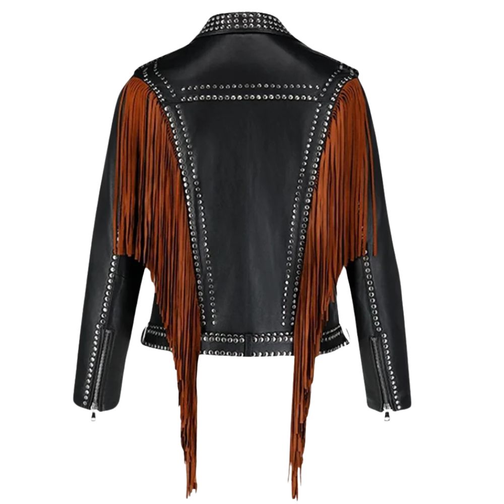 Women's Black Cowhide Leather Jacket & Fringe Detailing – Western Studded Style