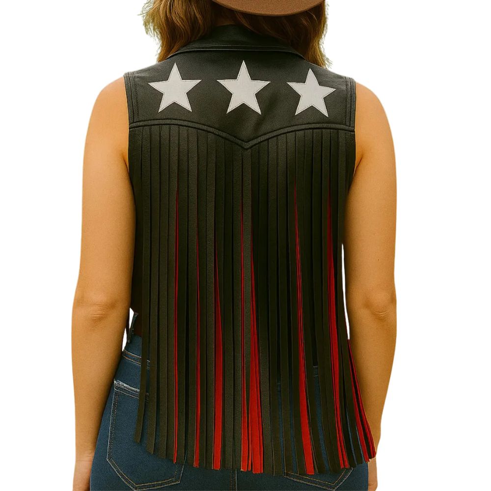 Women's Black Western Fringe Leather Vest – Star Patch Design & Red Side Tassels