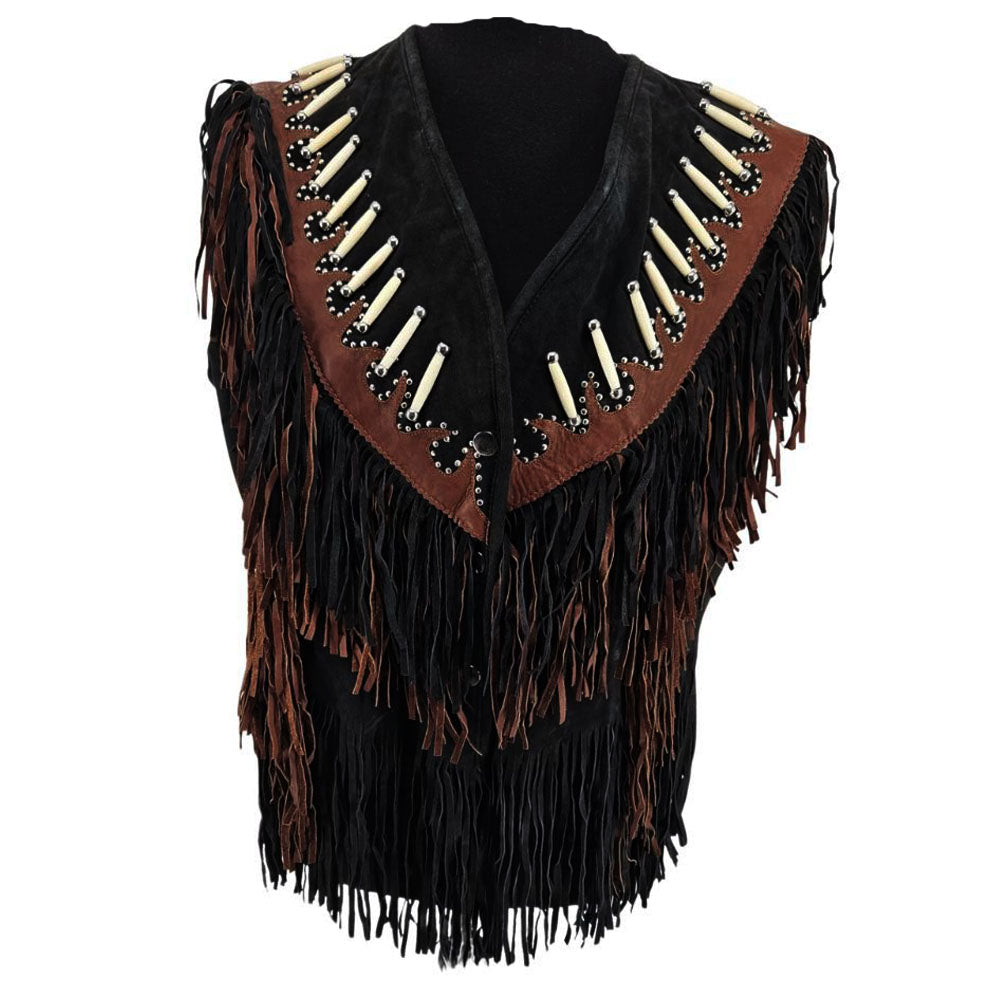 Women's Black Western Genuine Bone Studded Fringe Leather Vest Jacket