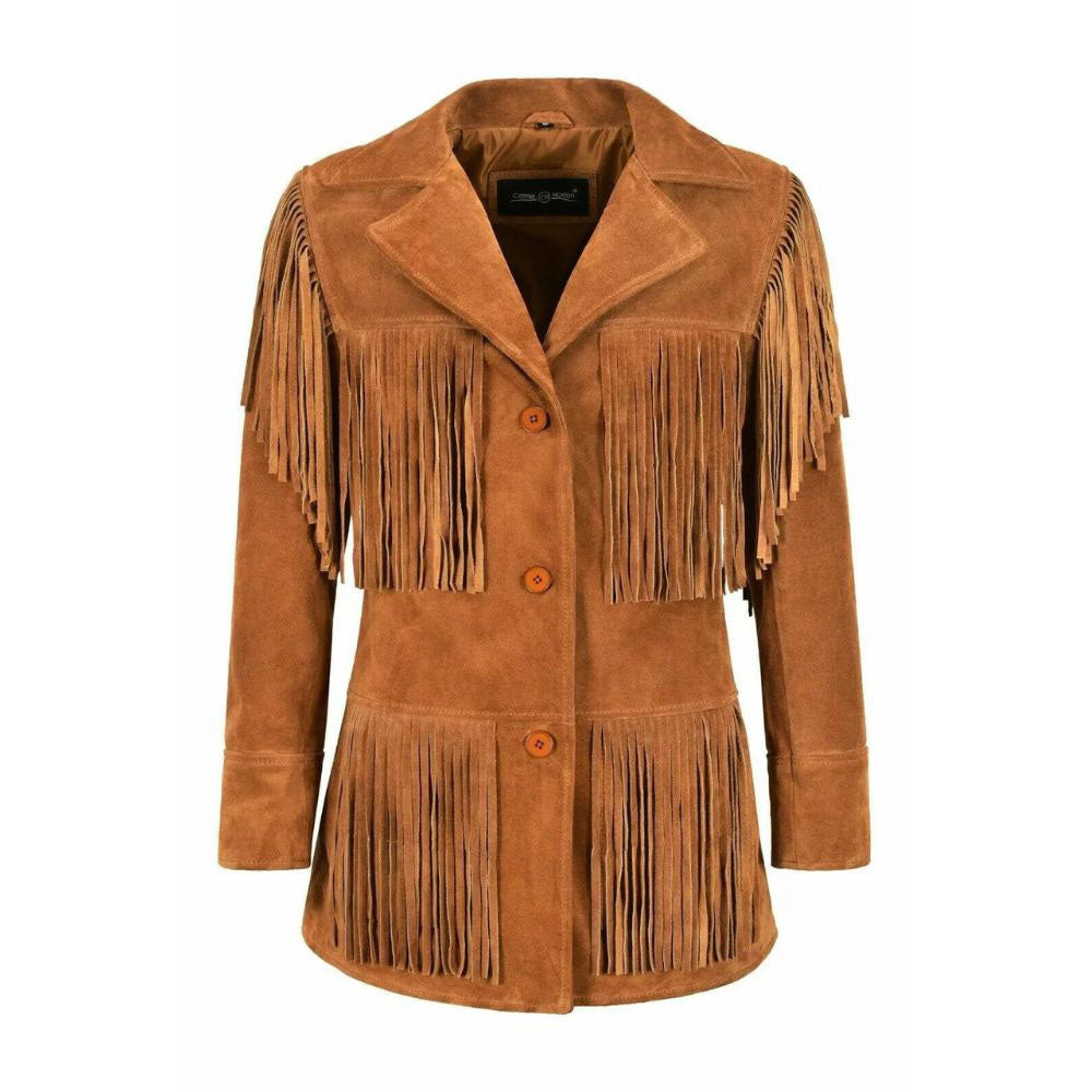 Women's Brown Suede Western Leather Jacket With Fringe Work