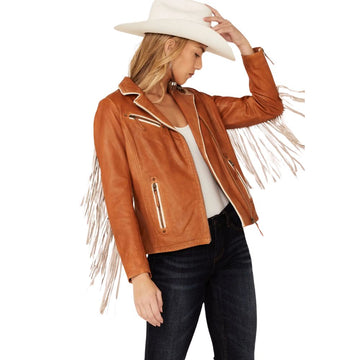 Women's Brown Western Leather Jacket with White Fringe Work