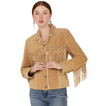 Women's Light Brown Western Leather Jacket with Fringe Work