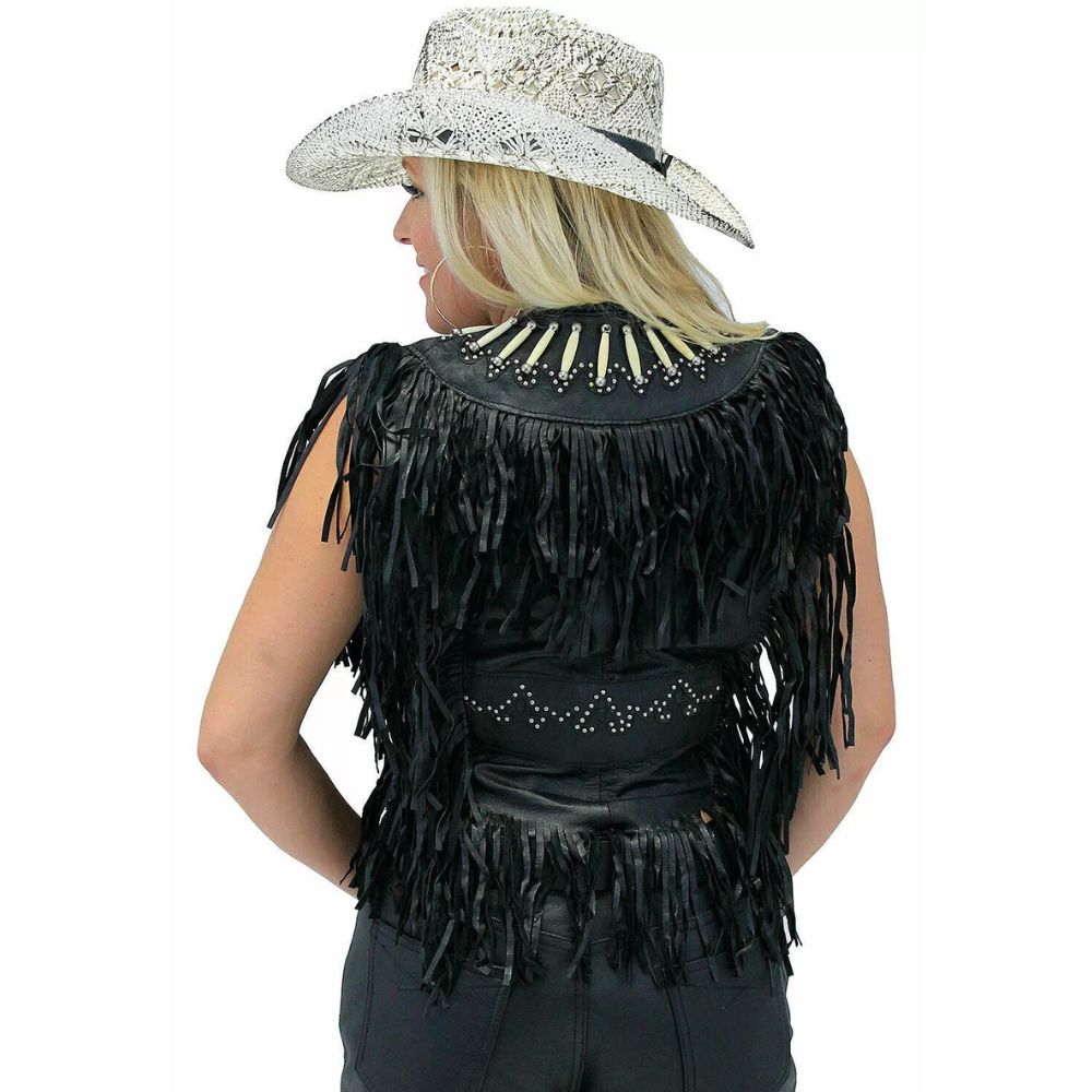 Women's Western American Genuine Bone Studded Fringe Leather Vest – Black