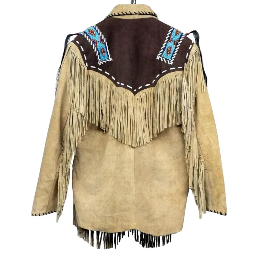 Men’s Beige Western Suede Leather Jacket Fringe & Beaded Handmade