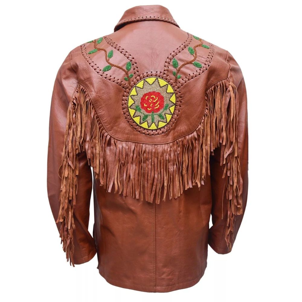 Men’s Dark Brown Western Leather Jacket with Fringe & Beaded Work