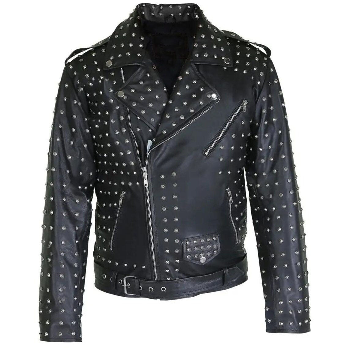 Men’s Western Bold Black Studded Leather Biker Jacket – Vintage Slim Fit