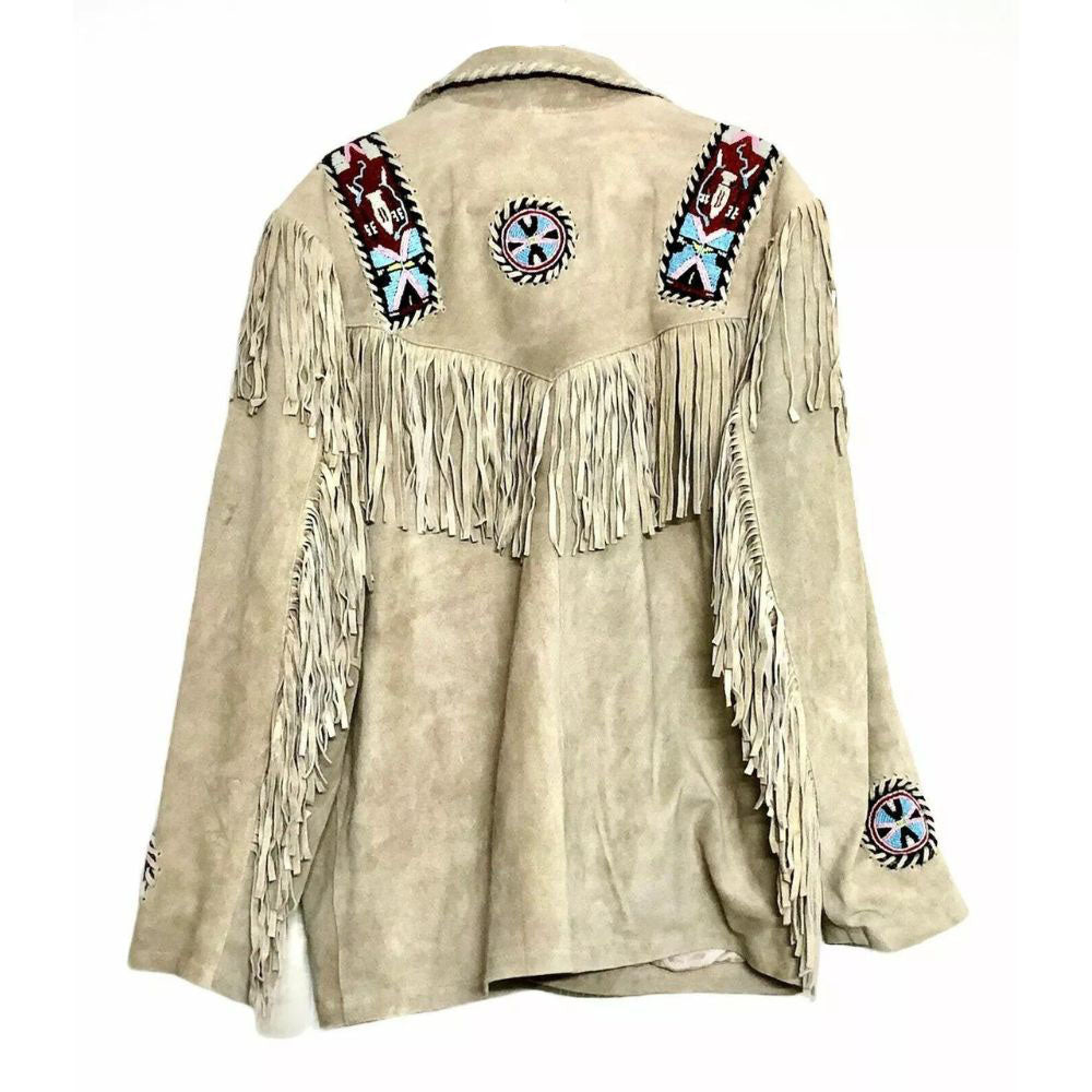 Men's Beige Western Leather Jacket with Fringe and Beaded Bone Work