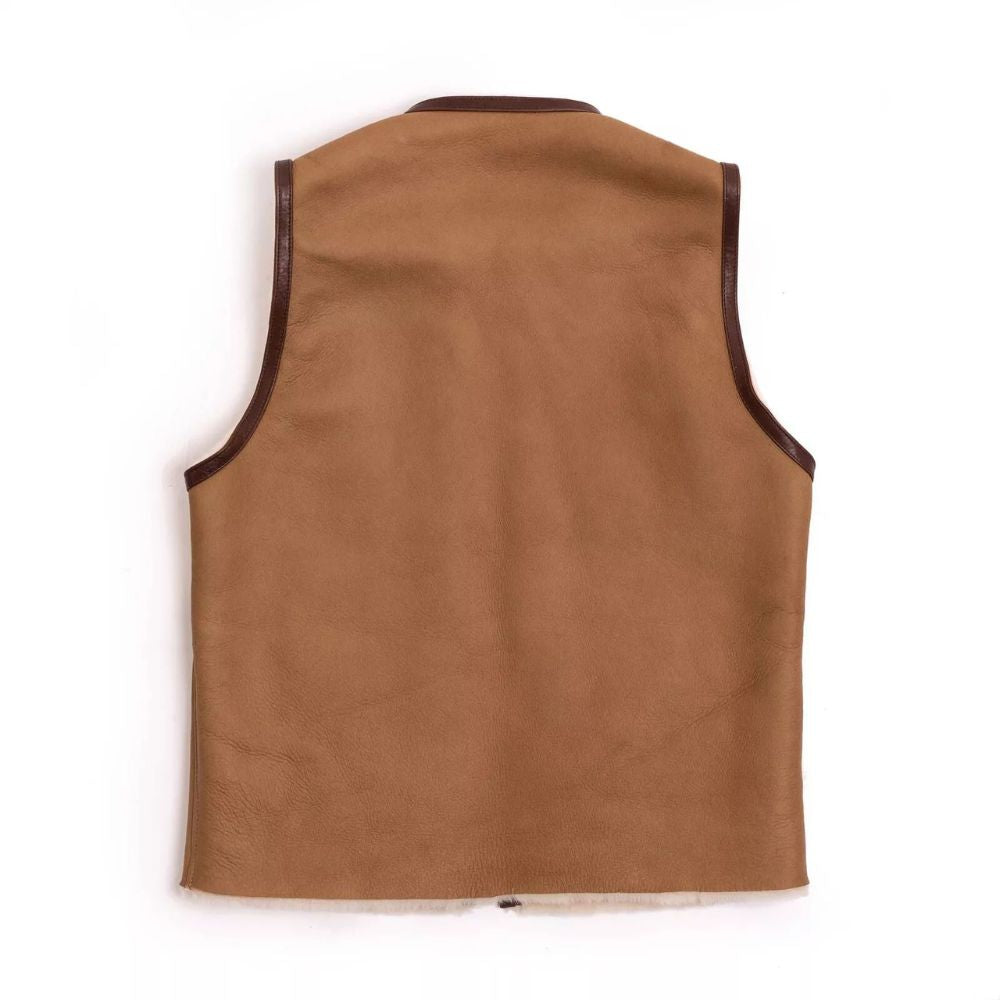 Men's Brown Suede Leather Vest Jacket with Faux Fur and Dual Pocket Design